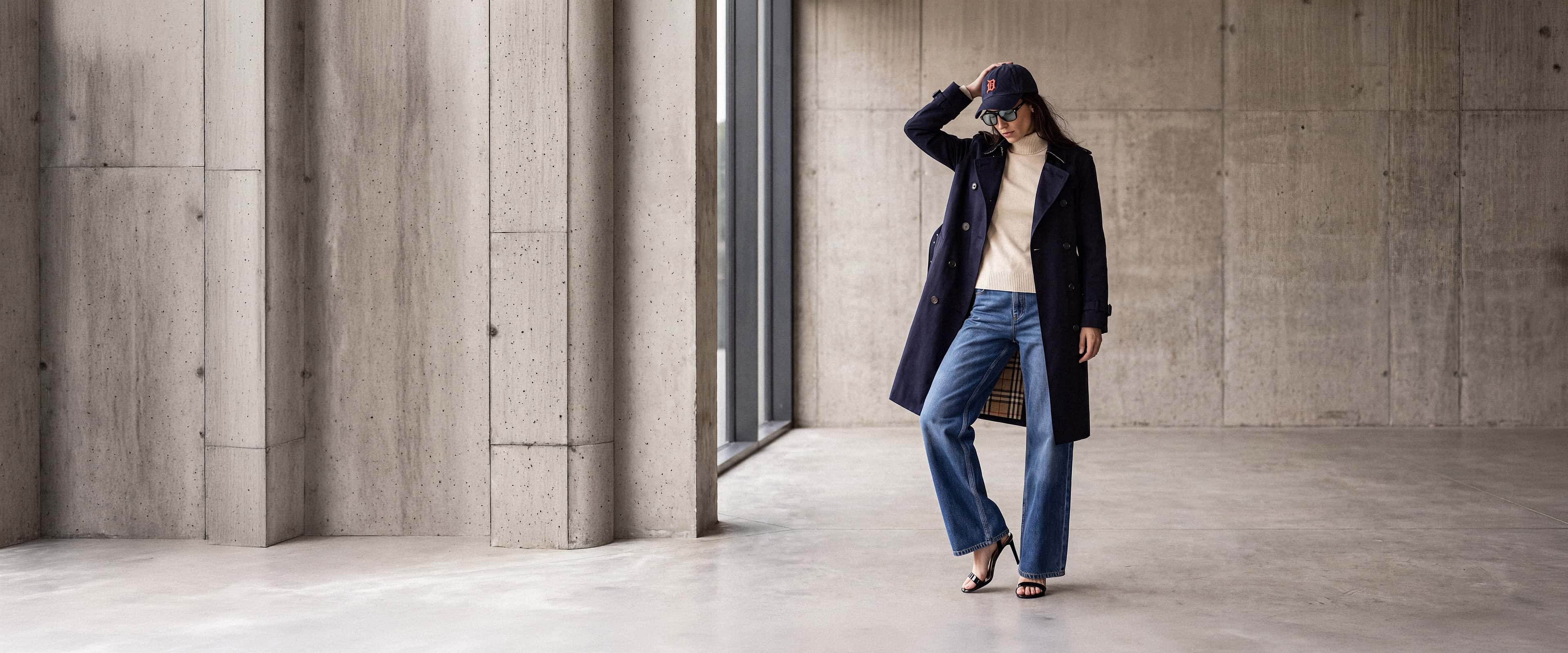 Une mannequin photographiée en pied devant un mur de béton clair, en trench-coat bleu marine ouvert sur un pull col roulé écru, jean ample et sandales noires à talons, casquette et lunettes de soleil, une main posée sur la visière.