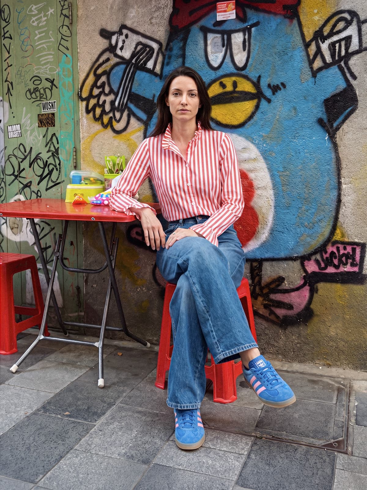 La mannequin assise à une table de café rouge devant un mur couvert de graffitis, en chemise à rayures rouges et blanches, jean ample et baskets bleues.